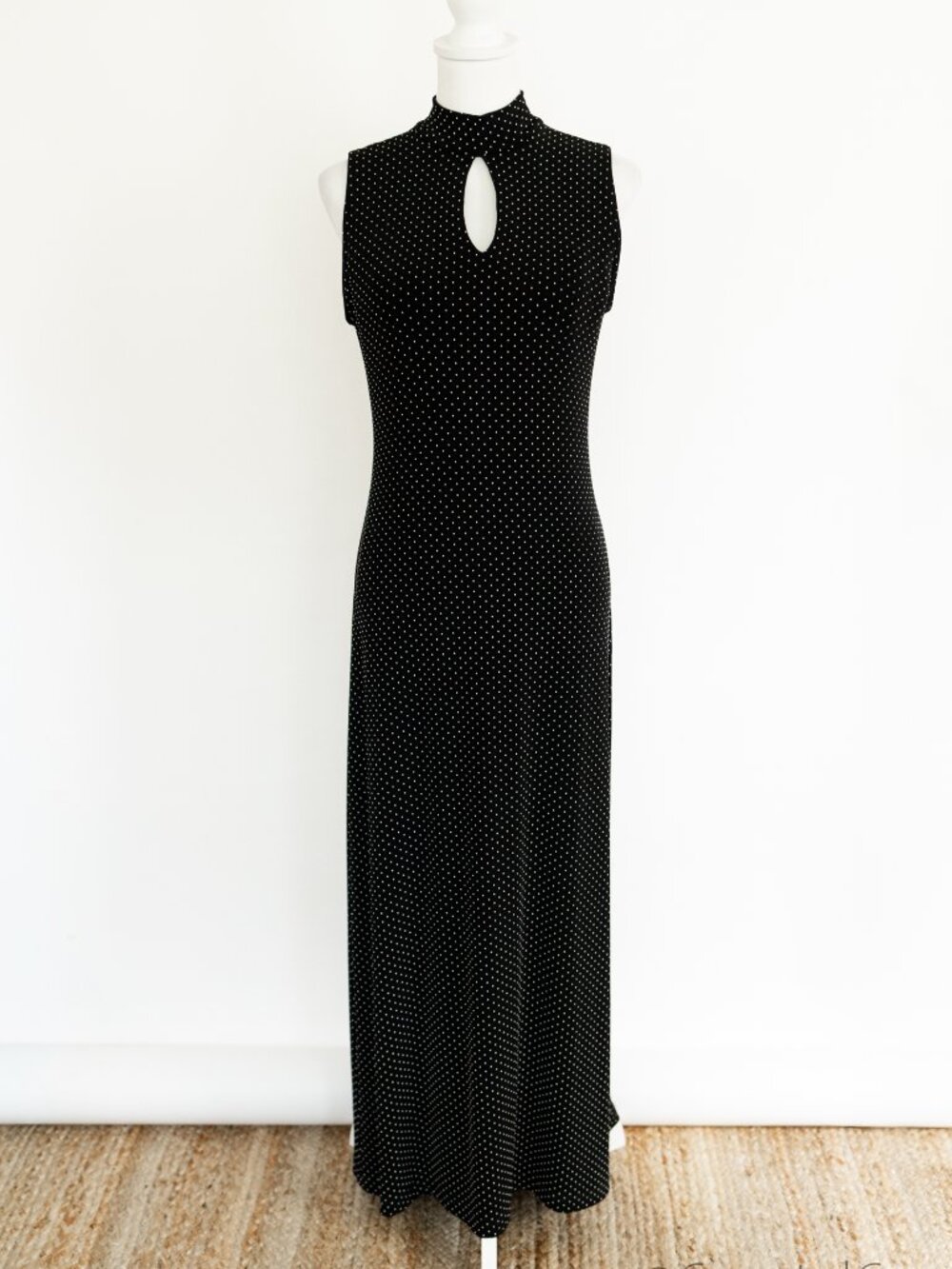 Vintage Y2K Coldwater Creek Size 8 Dress Black White Polka Dot Maxi Padded
